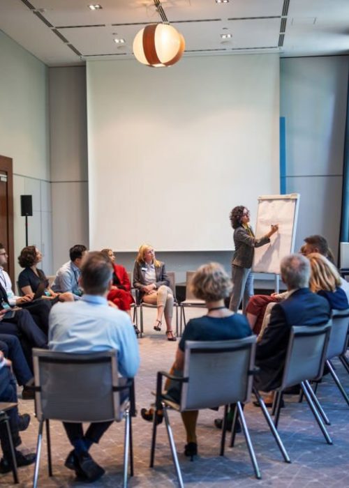 Businesswoman explaining strategy over a flip chart. Female entrepreneur giving a presentation to colleagues during a seminar.